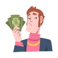Rich and Wealthy Man Character Holding Dollar Banknote at Half Length Vector Illustration