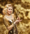 Rich Woman Champagne Glass, Retro Lady in Gold Dress Celebrating Royalty Free Stock Photo