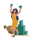 Rich woman with dollar bills in hands standing in money rain, flat vector illustration. Financial success, wealth. Royalty Free Stock Photo