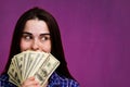 Rich woman with dollars in hands. Money management Royalty Free Stock Photo