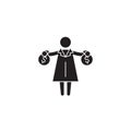 Rich woman getting money black vector concept icon. Rich woman getting money flat illustration, sign