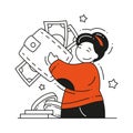 Rich woman holding wallet full of currency cash money banknotes and coins enjoy wealth wage vector