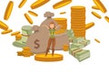 Rich woman with money fortune, successful female cartoon character, vector illustration