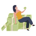 Rich woman sitting on cash money dollar stack isometric vector illustration