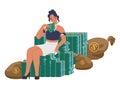 Rich woman sitting on cash money stack, flat vector illustration. Financial success, wealth. Royalty Free Stock Photo