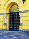 Beautifully carved door made in neo-Byzantine style. Royalty Free Stock Photo