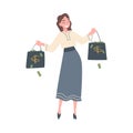 Rich Young Woman Carrying Shopping Bags full of Money, Financial Success, Profit, Income Concept Cartoon Style Vector Royalty Free Stock Photo