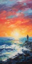 Tranquil Sunset: Palette Knife Impressionism Painting Of Man By The Ocean