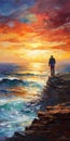 Colorful Sunset Cliffs Painting: Realistic Impressionism Illustration