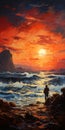 Epic Landscapes: A Red And Amber Painting Of A Man On The Shore