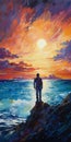 Impressionism Art: Richard\'s Side View On Cliff With Sunrise And Roaring Ocean