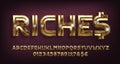 Riches alphabet font. Golden metal letters and numbers with diamonds. Royalty Free Stock Photo