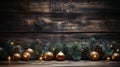 Green Christmas Fern with Candle-lit Copper and Gold Ornaments on Textured Wooden Background Generative AI Royalty Free Stock Photo