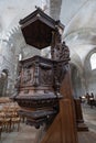 Richly carved wooden pulpit in the church and monastery in VÃ©zelay, Franc