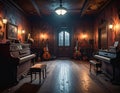 Richly colored room with pianos cellos and a central doorway Royalty Free Stock Photo