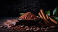 Cocoa powder in a bowl, chocolate bars, cocoa beans and cinnamon sticks on wooden background.