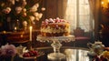 Richly decorated cake with frosted berries and delicate icing, presented on an ornate glass stand, evokes a sense of old