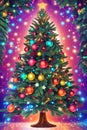 Richly decorated Christmas tree on a blue background with stars