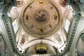 The richly decorated and painted ceiling of the Santa Maria church in the city of Valli del Pasubio, Italy Royalty Free Stock Photo