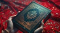 Richly Decorated Quran for Ramadan Reading: Hand Clasping on Deep Red Background - Digital Art Royalty Free Stock Photo