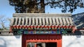 Richly decorated roofs of a Chinese temple, small colorful details with figurines