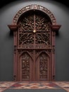 Richly decorated wooden old door, ancient brown dark door gate. Generative Ai