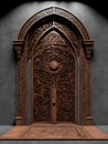 Richly decorated wooden old door, ancient brown dark door gate. Generative Ai Royalty Free Stock Photo