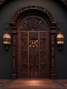 Richly decorated wooden old door, ancient brown dark door gate. Generative Ai