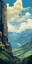 Richly Detailed Art Nouveau Landscape With Mountains And Clouds