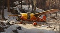 Richly Detailed Genre Painting Of An Orange Old Propeller Plane In A Snowy Meadow Royalty Free Stock Photo