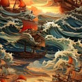 Richly detailed ships sailing in stormy waters (tiled)