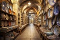 Richly ornate traditional plates in a middle east bazaar