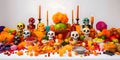 Richly set feast orange juices, human skulls, candles, flowers. For the day of the dead and Halloween Royalty Free Stock Photo