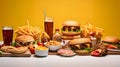 A richly set table with hamburgers, beer, cola, fries, chicken nuggets, tomatoes on an isolated white and orange background