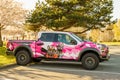 RICHMOND, CANADA - APRIL 09, 2020: modern Ford raptor cool painted parked at city park