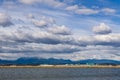 RICHMOND, CANADA - APRIL 01, 2020: Panoramic view cloudy sky over River Bank of Fraser River YVR Vancouver Airport