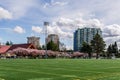 RICHMOND, CANADA - MARCH 31, 2020: stadium green field at Minoru Arenas Spring time