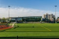 RICHMOND, CANADA - May 05, 2020: empty green soccer field of Minoru stadium and Minoru Centre for Active Living COVID-19