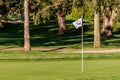 RICHMOND, CANADA - MAY 06, 2020: Golf course flag on the green field with trees on the background Royalty Free Stock Photo