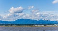 RICHMOND, CANADA - MAY 06, 2020: view to the Frazer river and YVR international vancouver airport with cloudy sky