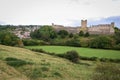 Richmond Castle and houses above playing fields Royalty Free Stock Photo