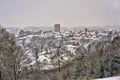 Richmond North Yorkshire, including Richmond Castle on a bleak, cold snowy day Royalty Free Stock Photo