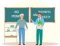 Richness and poverty concept. Happy rich businessman with bag of money and poor thriftiness woman Royalty Free Stock Photo