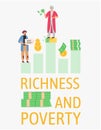 Richness and poverty concept. Happy rich man rejoices in prosperity and sad poor guy need money