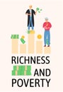 Richness and poverty concept. Happy rich man rejoices in prosperity and sad poor guy need money