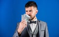 Richness and wellbeing concept. Get cash money easy and quickly. Smell of money. Easy cash loans. Man formal suit hold Royalty Free Stock Photo