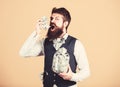 Richness and wellbeing. Security and cash money savings. Banking concept. Man bearded guy hold jar full of cash savings