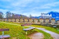 The tourist benches on Monchsberg Hill in Salzburg, Austria Royalty Free Stock Photo