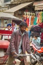 Rickshaw bike taxi in search of customers at the Main Bazaar Paharganj in Indian capital