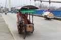 Rickshaw pullers ride manpower tricycle on jingjiang bridge